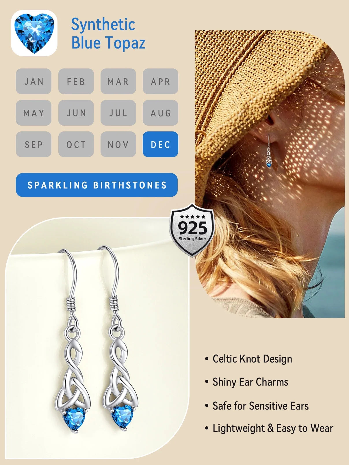 925 Sterling Silver Birthstone Earrings for Women December Heart Earrings Celtic Knot Dangle Drop Earrings Dainty Jewelry Gift for Granddaughter Sister Friends Birthday Christmas