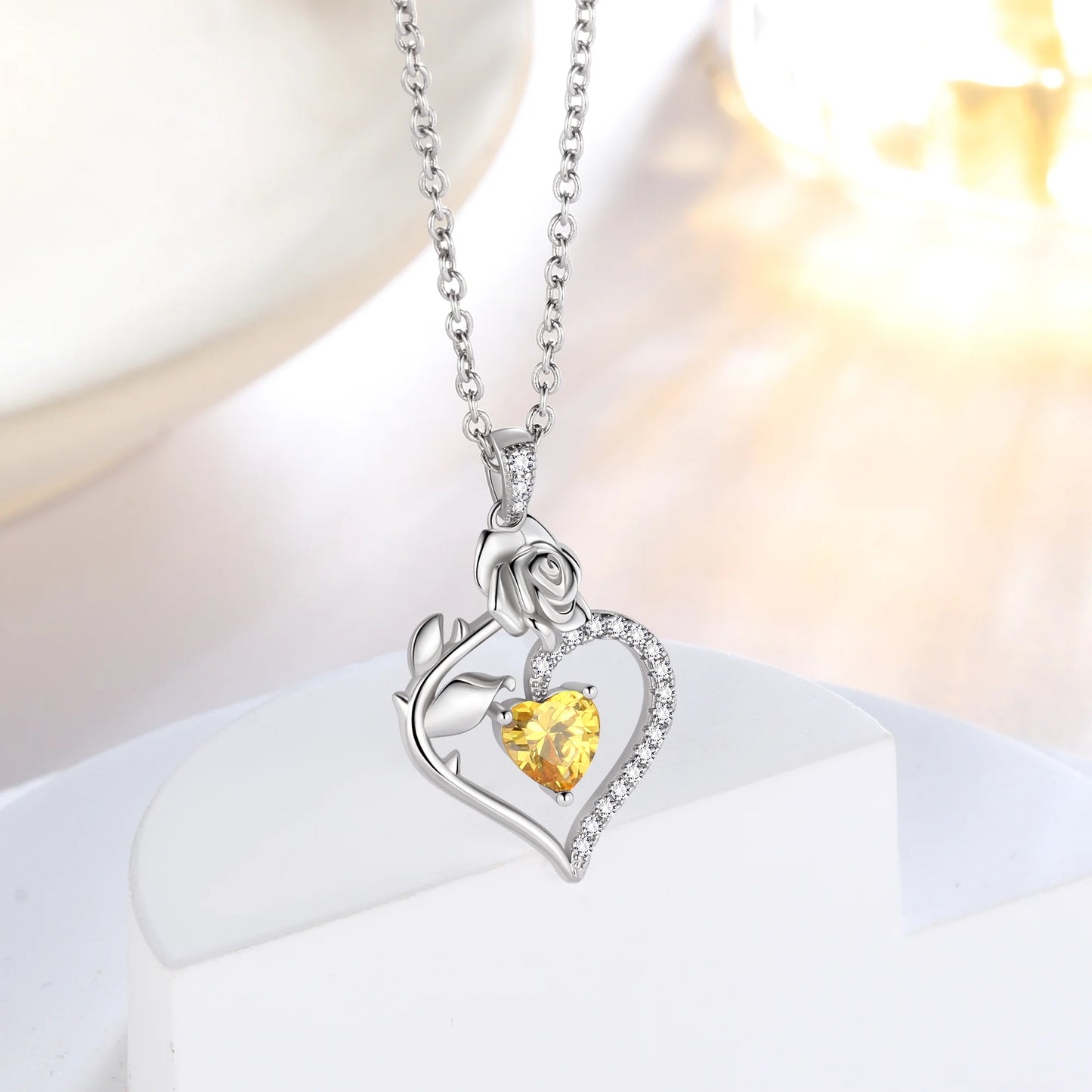 925 Sterling Silver Birthstone Necklace Rose Flower Heart Pendant Jewelry Christmas Valentines Mother'S Day Gifts for Women Mom Wife/Lover