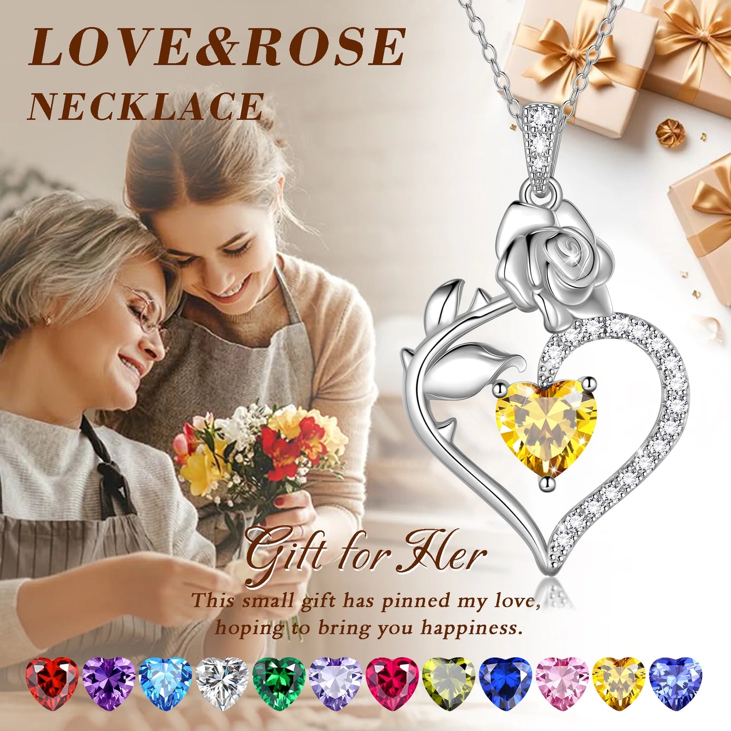 925 Sterling Silver Birthstone Necklace Rose Flower Heart Pendant Jewelry Christmas Valentines Mother'S Day Gifts for Women Mom Wife/Lover
