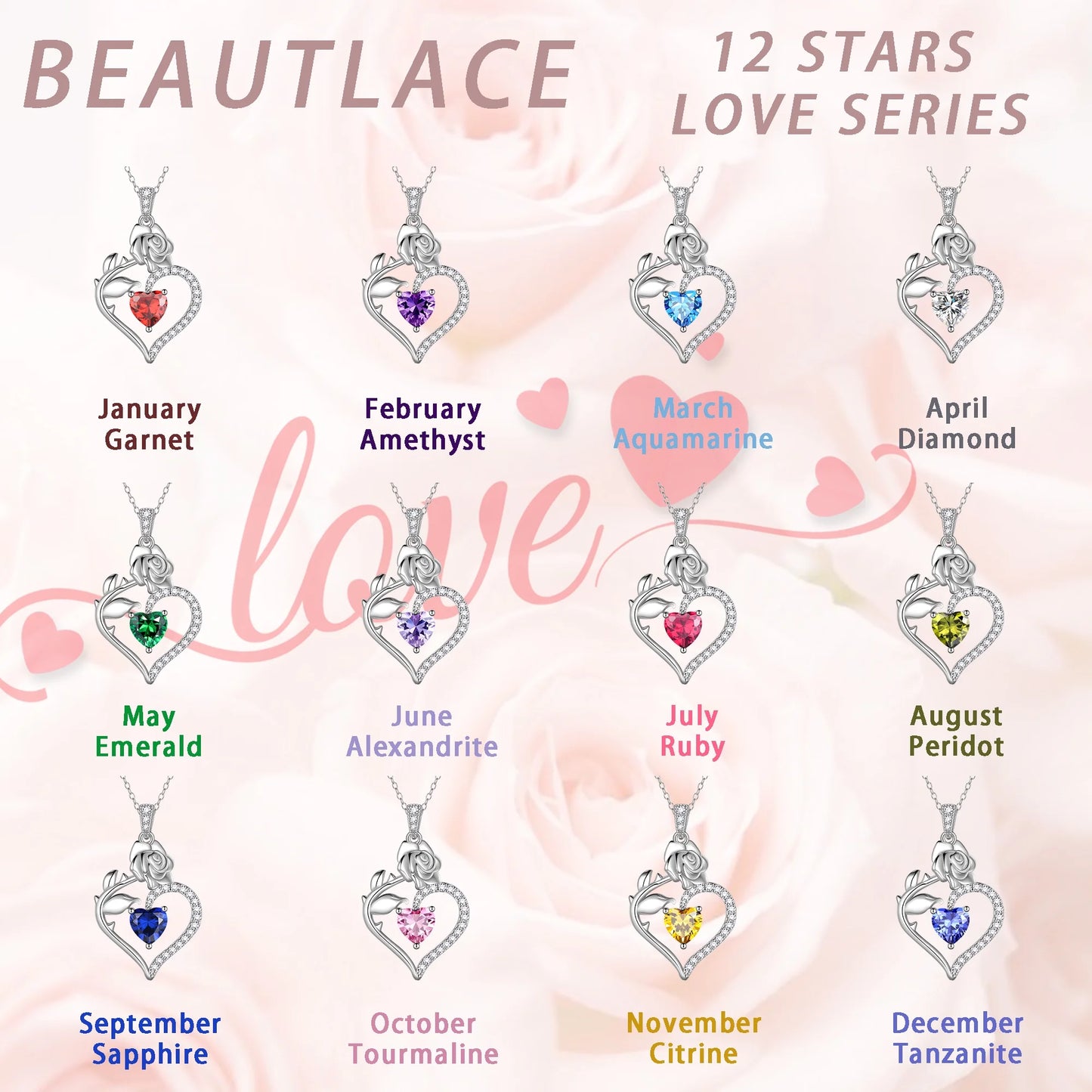 925 Sterling Silver Birthstone Necklace Rose Flower Heart Pendant Jewelry Christmas Valentines Mother'S Day Gifts for Women Mom Wife/Lover